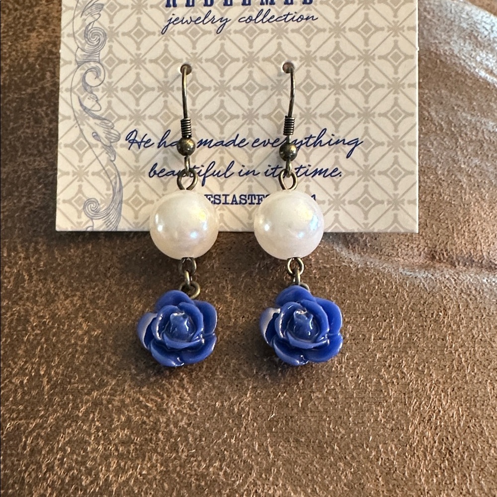 Redeemed Collection Dangle Blue Flower and White Bead Earrings